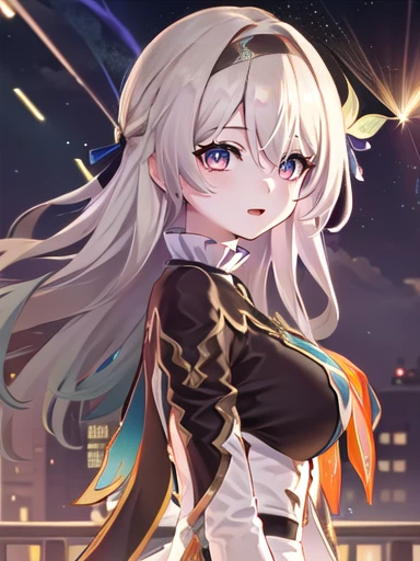 (masterpiece:1.3),((High resolution)),((high quality)),((Super detailed))、One girl、Perfect balance、((upper body:1.5))、(Perfect Face)、(Detailed face:1.5)、(Perfect in hand)、Cute face、(beautiful詳細な目)、(Expressive eyes)、Cute eyes、Shiny eyes、(Perfect body)、(beautiful体)、honkaiFirefly, fire Fly, (Purple eyes:1.3), Grey Hair, 蝶のhair ornaments, hair ornaments, Hair intake, Long Hair, (Bright Eyes:1.5), shoes下, 青色のdress, 青色のshoes下,((Large Breasts)) ((Orange ribbon:1.5))、dress, shoes, shoes下, ツートーンdress, ツートーンshoes下, ホワイトdress, Long sleeve, hair band, (head shot)、Embarrassing、blush、beautiful女の子、Cute face、beautiful顔、Cute face、beautiful、Best Quality、Good anatomy、((smile:1.5))、((Super detailedな背景)), Outdoor, Day, blue sky, ((Meteor shower sky:1.1))、Sky Light , Mistress Pose, ((8K Wallpaper)) , Looking straight ahead, Moody lighting,一面のblue sky