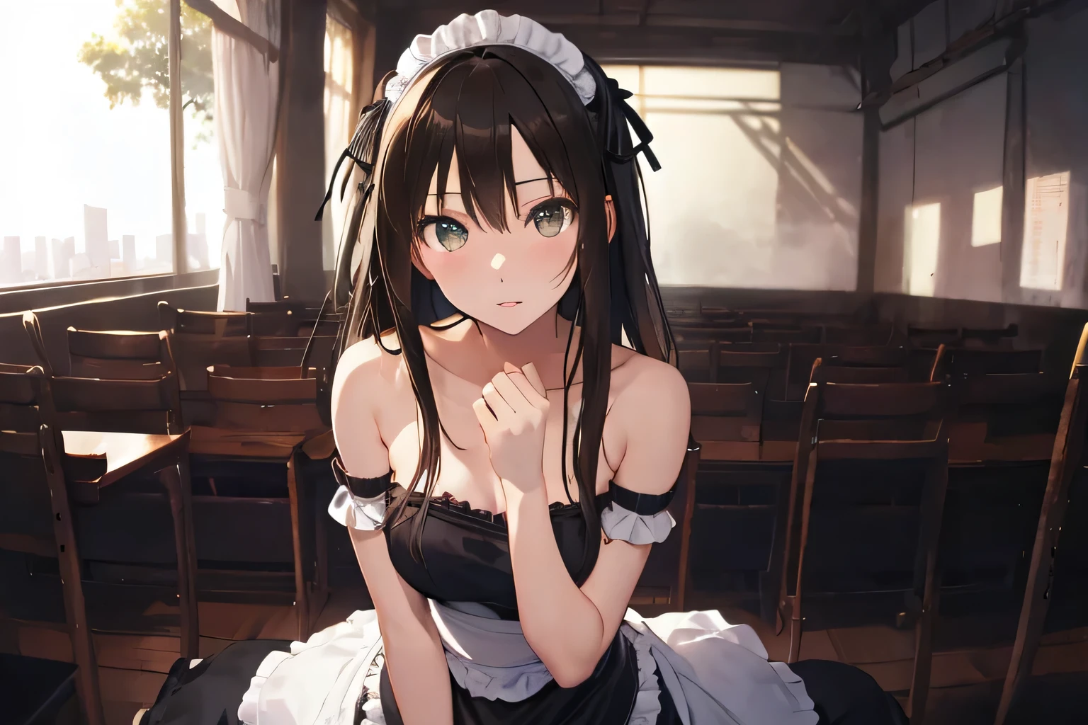 Best Quality、masterpiece、(Shibuya Rin)、Beautiful maid、Strapless、Side cut-outs、Redness、High resolution、Ultra Sharp、8K、masterpiece、View your viewers、(Split seat)、whole body、bed