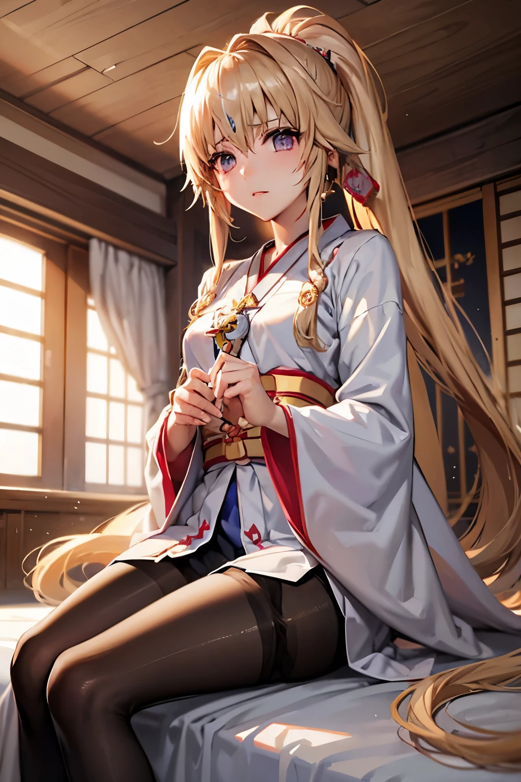 Jeanne、神風怪盗Jeanne、Blonde、Long Hair、((Mini Kimono))、Photo from below、Medium chest、Bedroom、((pantyhose))、ponytail