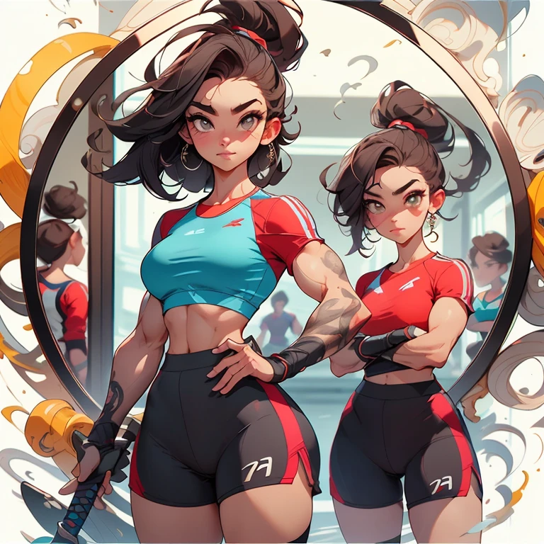 a woman taking a selfie in front of a mirror, masculine and strong, half asian, valentina remenar, popular on instagram, she is holding a long staff, athletic shorts, short bob hair, unusually attractive, showing off biceps, florence pugh, sport bra and shorts, bixbite, uncropped, wow!, 