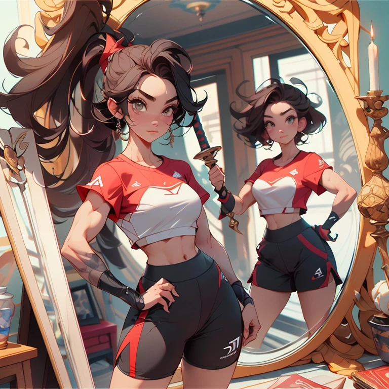 a woman taking a selfie in front of a mirror, masculine and strong, half asian, valentina remenar, popular on instagram, she is holding a long staff, athletic shorts, short bob hair, unusually attractive, showing off biceps, florence pugh, sport bra and shorts, bixbite, uncropped, wow!,