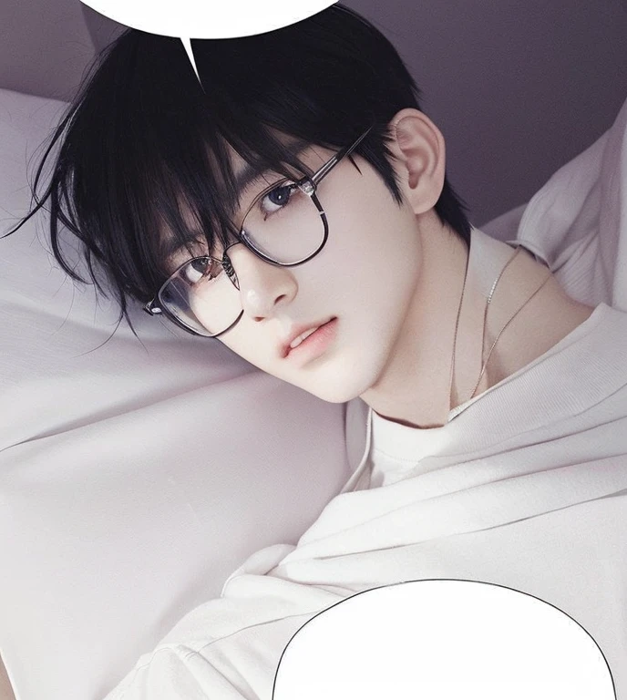 Anime guys, black hair,black eyes, have a glasses,wearing a white shirt,with thin face,look like a anime boy 