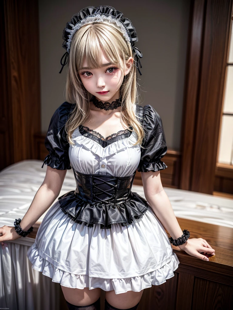 (8K, Photorealistic, Raw photo, of the highest quality: 1.3), (1girl in), Super beautiful, (Realistic face), (boyish, Silver Color Berry Shorthair), Beautiful , Glare that captivates the viewer, Beautiful expression, Beautiful breasts, (Realistic skin), Be...Super high quality, super high definition, super detailed, masterpiece, 20years old, female, cute, perfect face, beautiful, nice body, gothic ta clothes, gothic loliashion, frilly skirt, headdress, necklace, bracelet, knee-high socks, boots, double eyelids, tear bags, Detailed down to the fingers, photo-like description, indoors, dim indoor lighting, blonde hair, short bob, standing, whole body, composition that shows the whole body, smiling