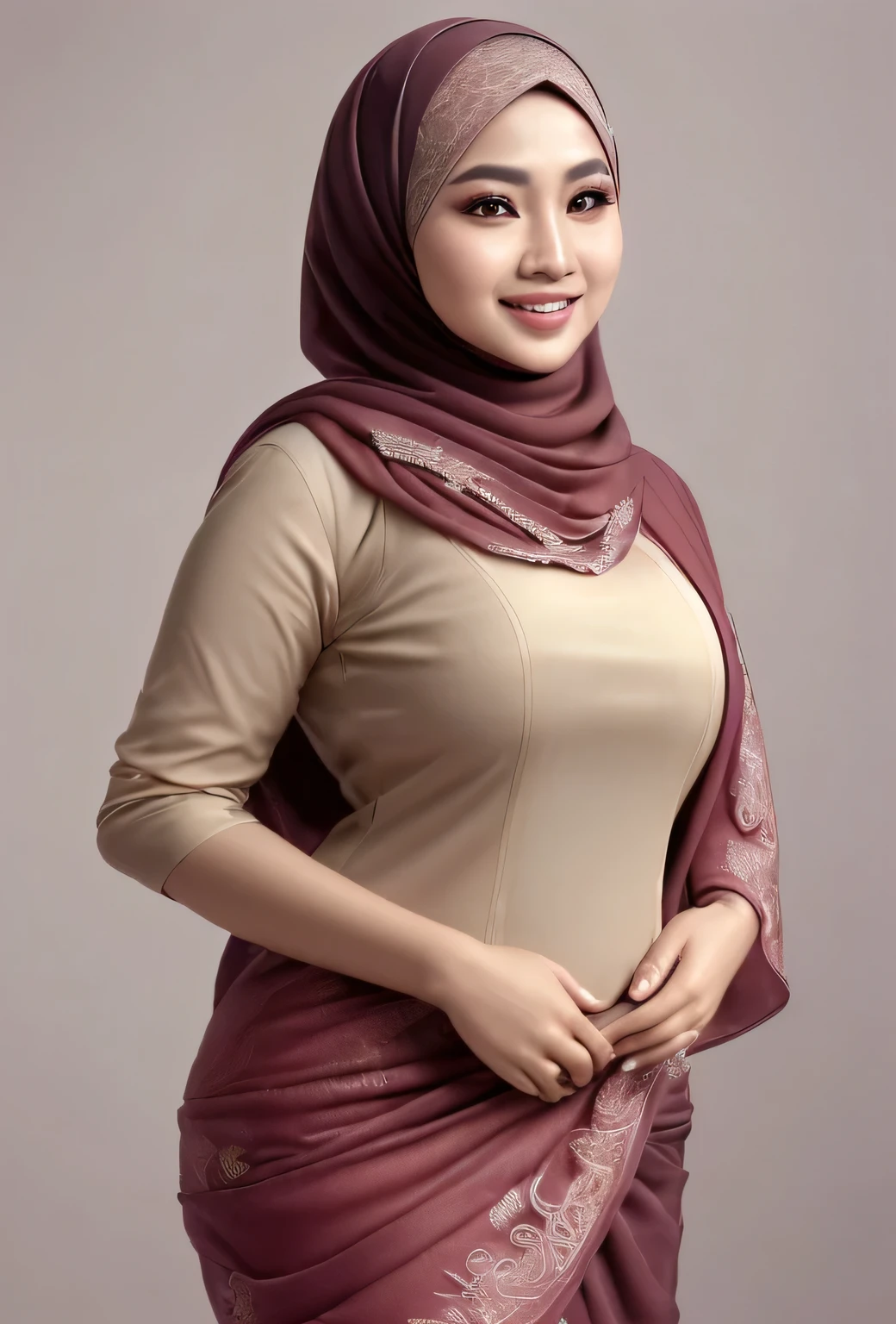 RAW, Best quality, high resolution, masterpiece: 1.3), beautiful Malay woman in hijab (iu:0.8)1beautiful  Malay woman in hijab wearing modern youth Muslim clothing,big breast, modern muslim fashion, flowing shawl, portrait photography, mid shot photo, ultra detail, professional photo with professional lighting, smile, random background, sexy seductive pose, curvy ,