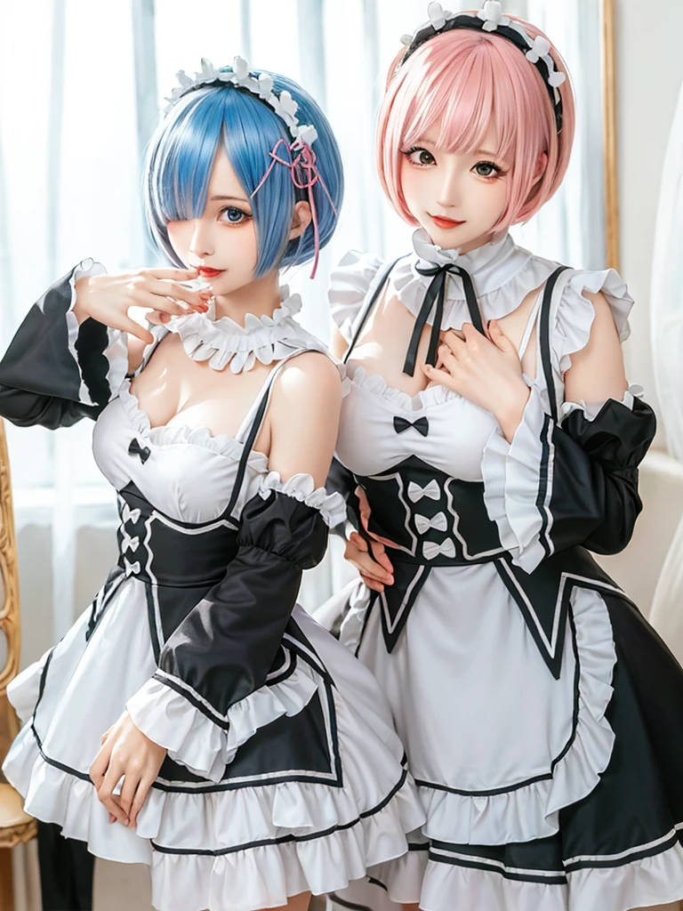 (8K, Photorealistic, Raw photo, of the highest quality: 1.3), (1girl in), Super beautiful, (Realistic face), (boyish, pink Color Berry Shorthair), Beautiful , Glare that captivates the viewer, Beautiful expression, Beautiful breasts, (Realistic skin), Be...Create a detailed and colorful image of Ram and Rem from Re:Zero, standing back-to-back in their maid outfits, with a magical fantasy background、14years old, two girls,cute, perfect face, beautiful, nice body, gothic lolita clothes, gothic lolita fashion, frilly skirt, headdress, necklace, bracelet, knee-high socks, boots, double eyelids, tear bags, Detailed down to the fingers, photo-like description, indoors, dim indoor lighting, one girl is pink hair and short bob, another girl is light blue hair and short bob,standing,whole body, composition that shows the whole body, smiling,The Both of them are wearing the same type of maid outfit,Optimal ratio of 4 fingers and 1 thumb