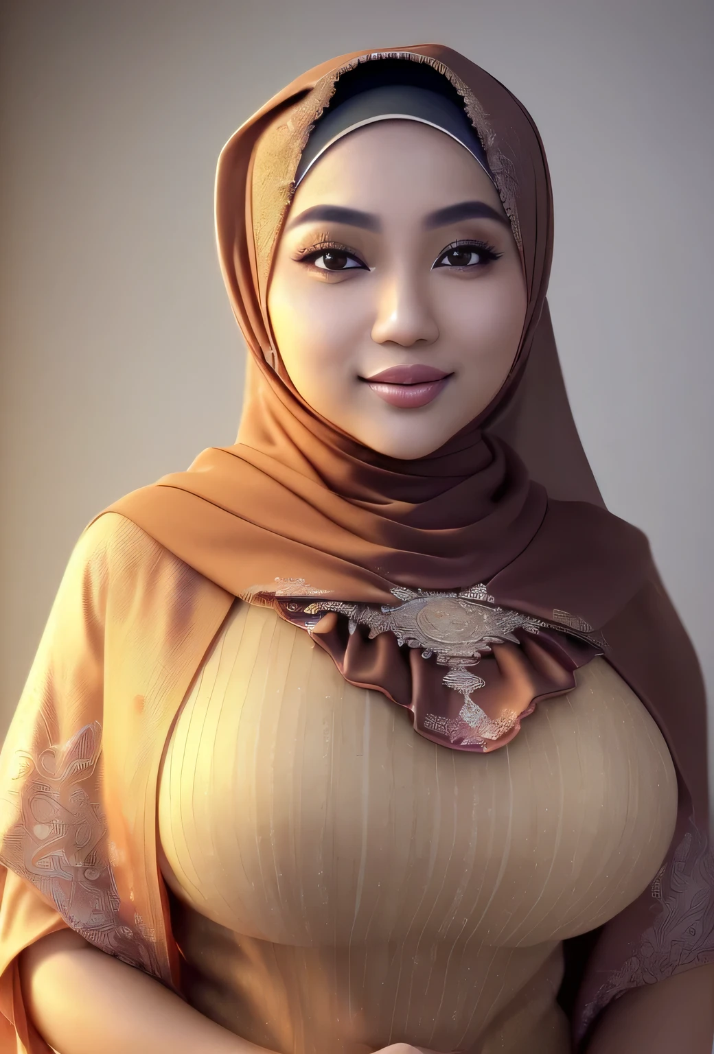 RAW, Best quality, high resolution, masterpiece: 1.3), beautiful Malay woman in hijab (iu:0.8)1beautiful  Malay woman in hijab wearing modern youth Muslim clothing,big breast, modern muslim fashion, flowing shawl, portrait photography, mid shot photo, ultra detail, professional photo with professional lighting, smile, random background, sexy seductive pose, curvy ,