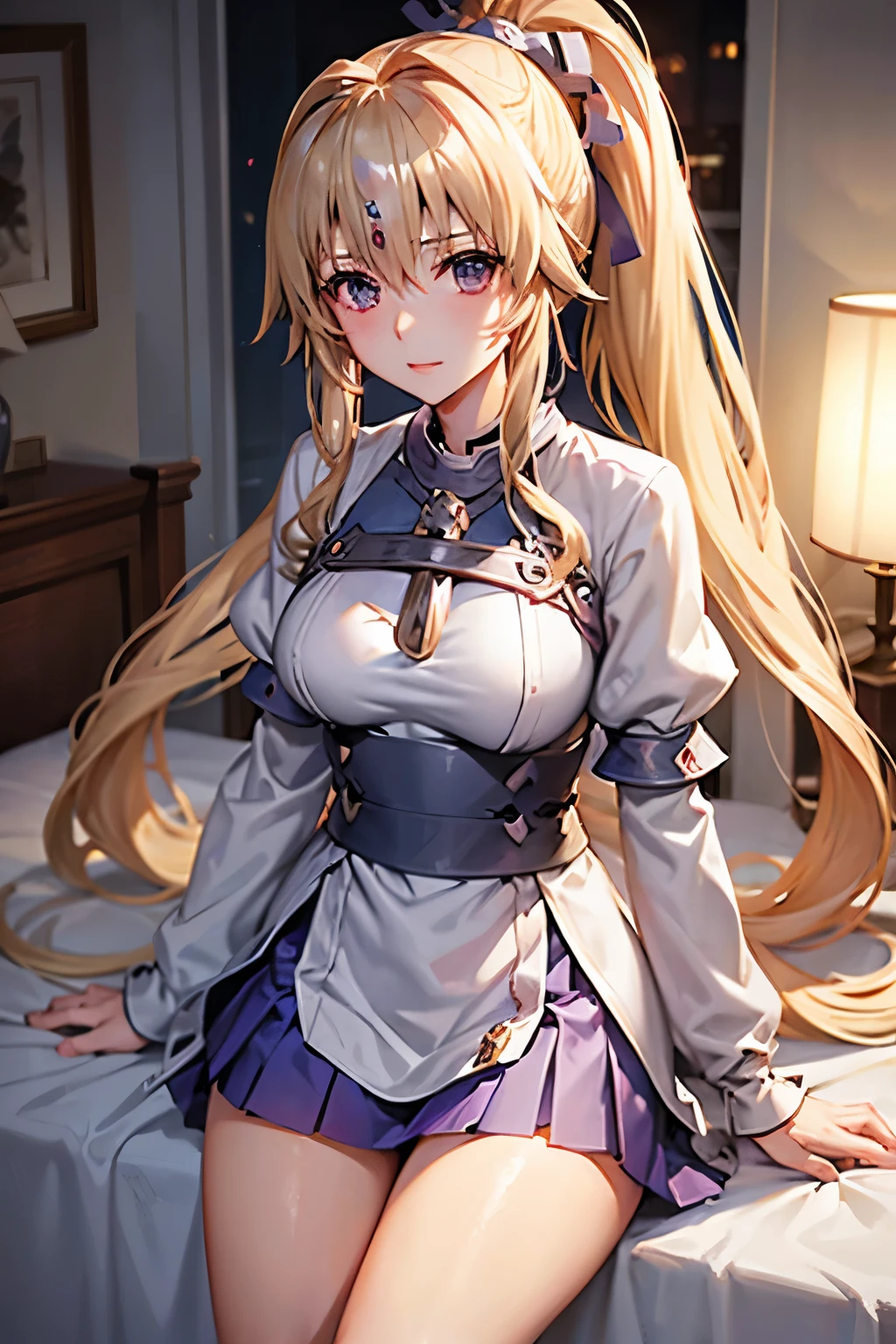 Jeanne、神風怪盗Jeanne、Blonde、Long Hair、((Miniskirt))、Photo from below、Medium chest、Bedroom、ponytail