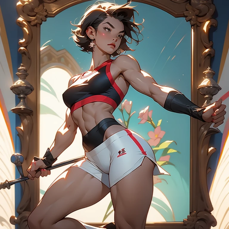 a woman taking a selfie in front of a mirror, masculine and strong, half asian, valentina remenar, popular on instagram, she is holding a long staff, athletic shorts, short bob hair, unusually attractive, showing off biceps, florence pugh, sport bra and shorts, bixbite, uncropped, wow!,