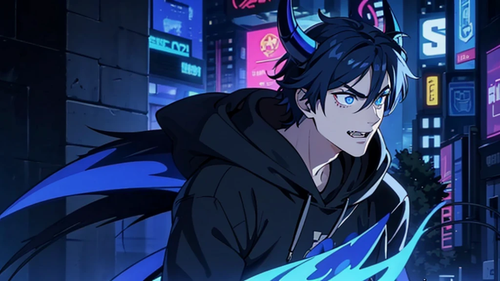 perfect face, perfect eyes, guy, black and blue hair, messy hair, blue eyes, fangs, black demon horns, demon tail, cyberpunk, axe, city, futuristic, glowing effects, hoodie