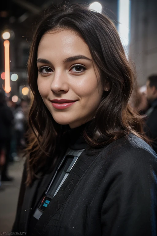 a woman, 25ear old, long brunette hairs, 8K, UHD, flash lighting, professional lighting, textured skin, romantic smile, star war cosplay, Darth Vador cosplay