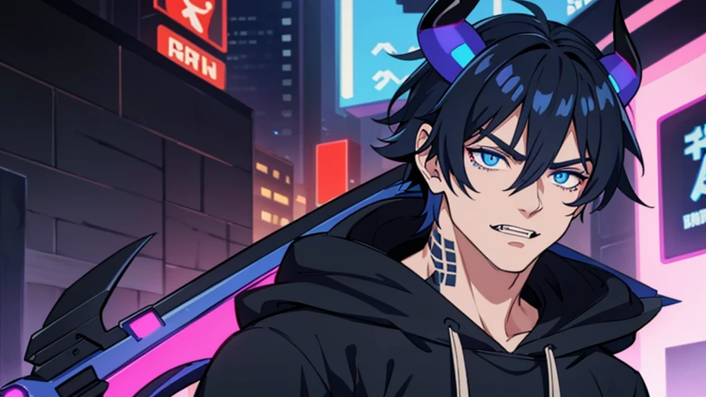 perfect face, perfect eyes, guy, black and blue hair, messy hair, blue eyes, fangs, black demon horns, demon tail, neck tattoo, cyberpunk, axe, city, futuristic, glowing effects, hoodie