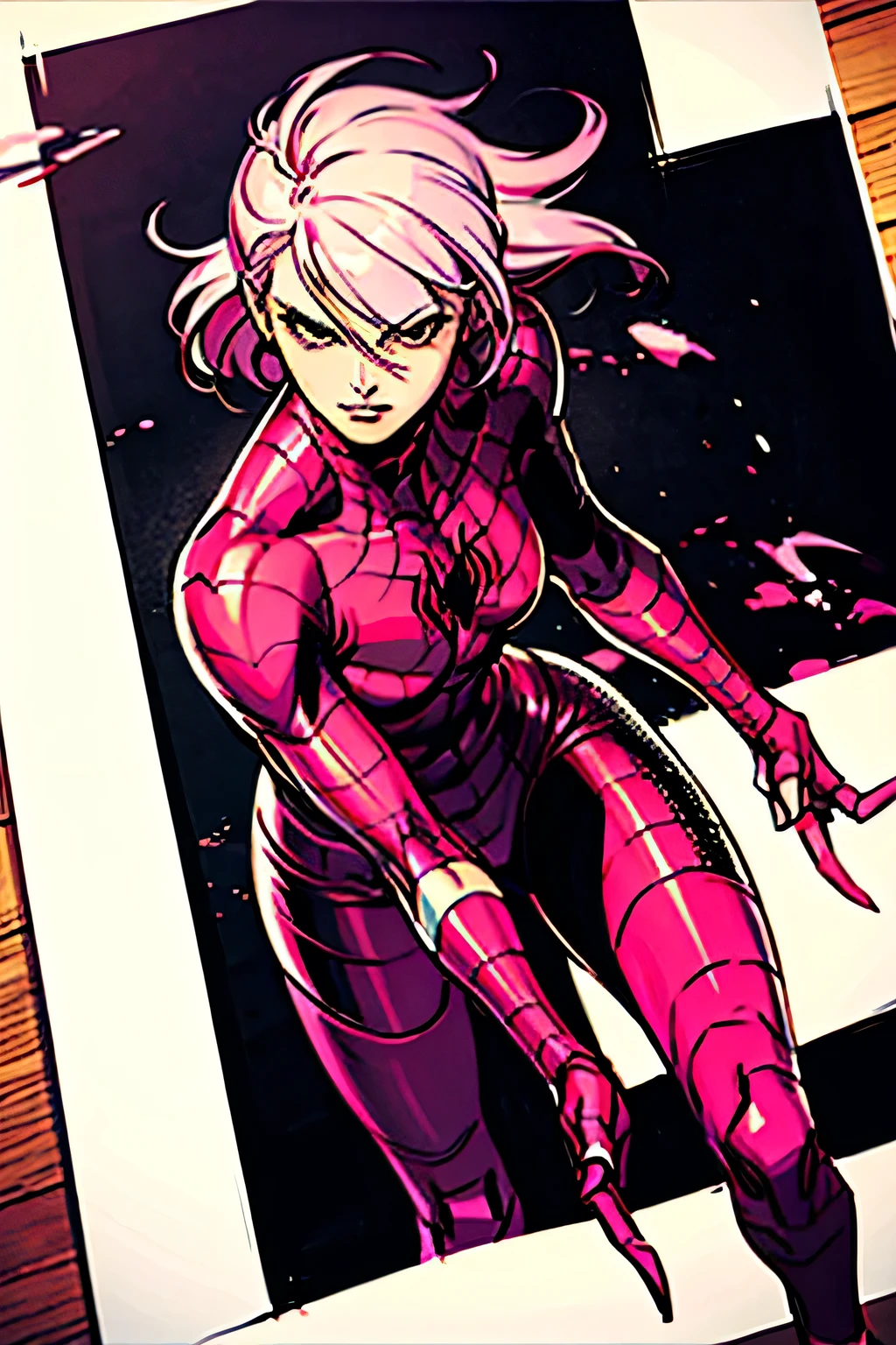 make a picture of a 2D HQ style pink haired girl dressed as Spider Woman