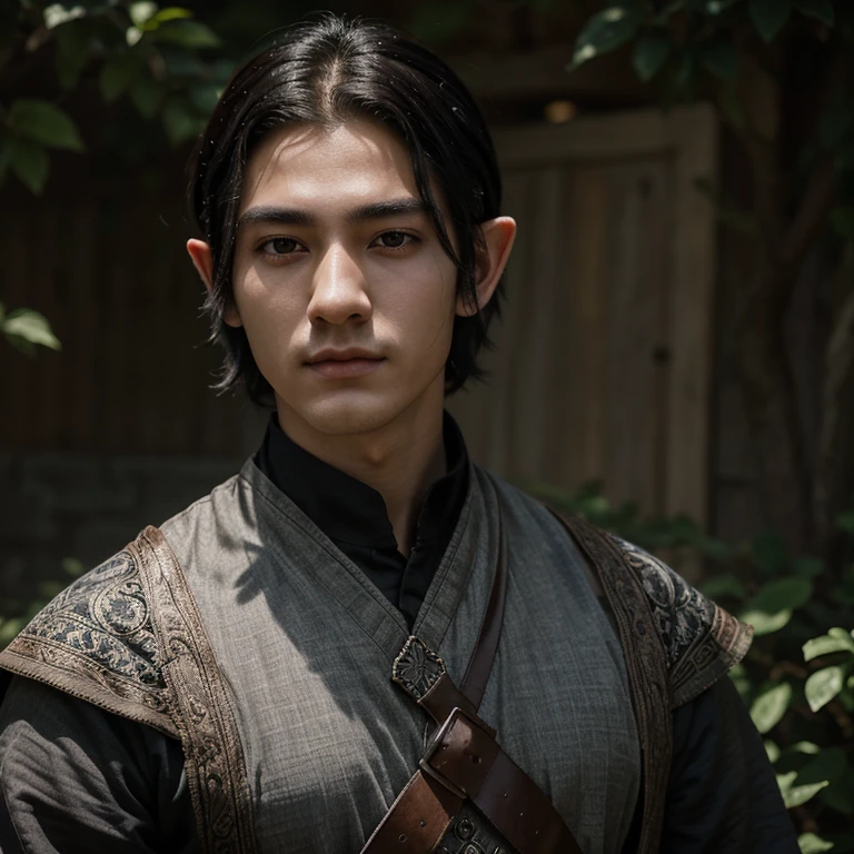 Portrait of a half-elven man, 20 years old, bard, masculine, black hair, Korean haircut, greyish black eyes, masterpiece