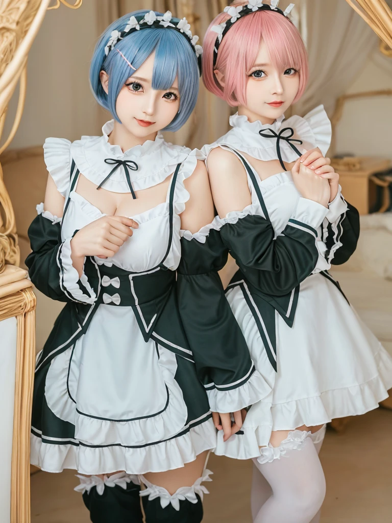 (8K, Photorealistic, Raw photo, of the highest quality: 1.3), (1girl in), Super beautiful, (Realistic face), (boyish, pink Color Berry Shorthair), Beautiful , Glare that captivates the viewer, Beautiful expression, Beautiful breasts, (Realistic skin), Be...Create a detailed and colorful image of Ram and Rem from Re:Zero, standing back-to-back in their maid outfits, with a magical fantasy background、14years old, two girls,cute, perfect face, beautiful, nice body, gothic ta clothes, gothic loliashion, frilly skirt, headdress, necklace, bracelet, knee-high socks, boots, double eyelids, tear bags, Detailed down to the fingers, photo-like description, indoors, dim indoor lighting, one girl is pink hair and short bob, another girl is light blue hair and short bob,standing,whole body, composition that shows the whole body, smiling,The Both of them are wearing the same type of maid outfit,Optimal ratio of 4 fingers and 1 thumb