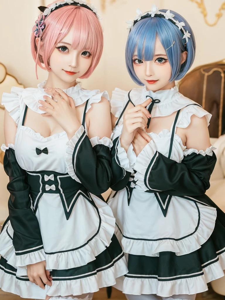 (8K, Photorealistic, Raw photo, of the highest quality: 1.3), (1girl in), Super beautiful, (Realistic face), (boyish, pink Color Berry Shorthair), Beautiful , Glare that captivates the viewer, Beautiful expression, Beautiful breasts, (Realistic skin), Be...Create a detailed and colorful image of Ram and Rem from Re:Zero, standing back-to-back in their maid outfits, with a magical fantasy background、14years old, two girls,cute, perfect face, beautiful, nice body, gothic lolita clothes, gothic lolita fashion, frilly skirt, headdress, necklace, bracelet, knee-high socks, boots, double eyelids, tear bags, Detailed down to the fingers, photo-like description, indoors, dim indoor lighting, one girl is pink hair and short bob, another girl is light blue hair and short bob,standing,whole body, composition that shows the whole body, smiling,The Both of them are wearing the same type of maid outfit,Optimal ratio of 4 fingers and 1 thumb