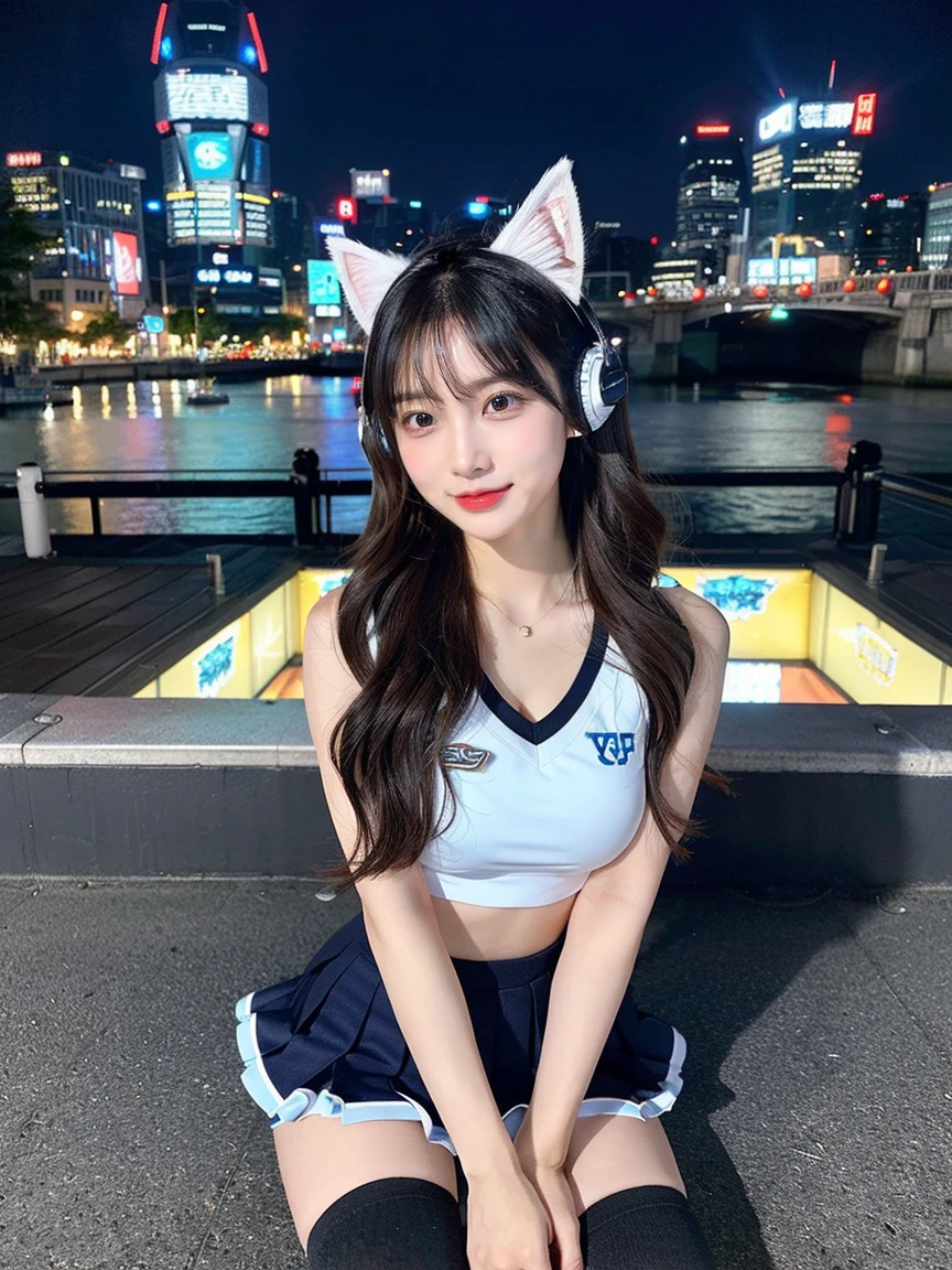 Full body photo、whole、最high quality, masterpiece, 32k、Very detailed、Realistic、1 girl, Japanese women、Cute face, (photo Actual:1.3), Edge lighting, (Skin with attention to detail:1.2), 8k超High resolution, Single-lens reflex camera, high quality, High resolution, 4K, 8k, Optimal ratio of four fingers to one thumb, (Actual:1.3), smile、自然なsmile、Baseball Cheerleader Costumes(black、Light blue line design、Japanese professional baseball cheerleaders)、Cat ear headphones(ピンク色のネオンCat ear headphones)、cute 1 girl, Realistic、Super Realistic、32k、Very detailed、masterpiece, 最high quality, beautiful girl, beauty、 Mecha, Beautiful lighting, Sitting,Cyber Neon、Future City、Skyscraper、City Night、Shanghai、Big cities、Night view、綺麗なNight view