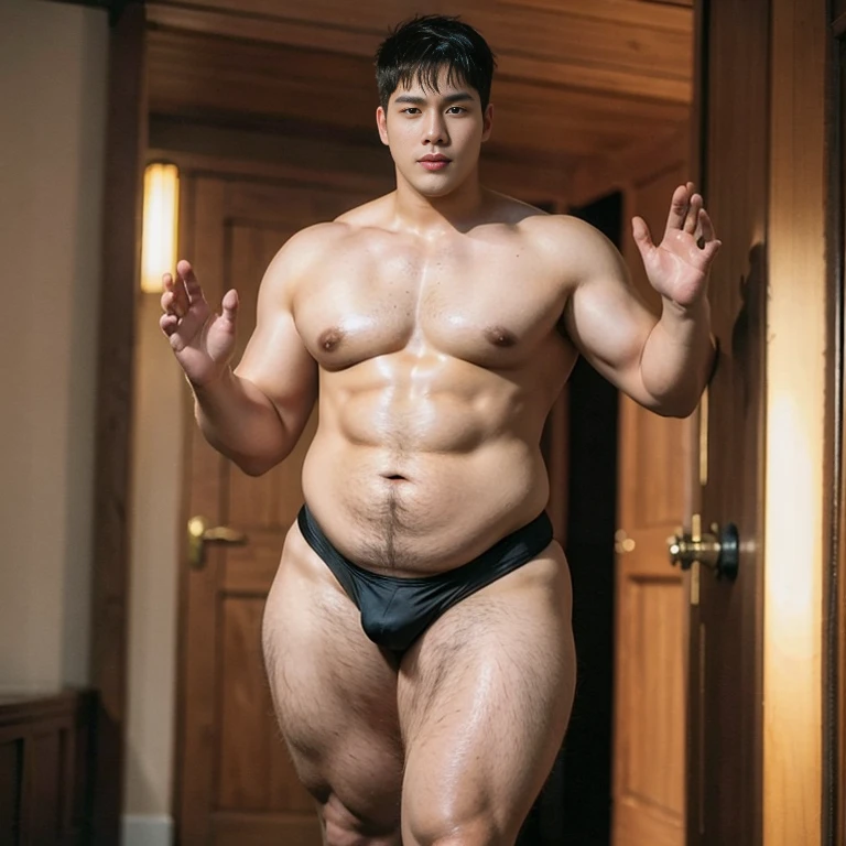 ((Handsome tall skinny boy with fat phat hips)) , thick thighs , (bare thighs) , wide pelvis , shirtless , epic reality, epic photorealistic , ultra realism , standing,grins , sexy , NSFW , most handsome ever boy , tattoo , slutty whore, K-pop idol looking, K-pop idol face, (phat hips , wide hips) , (pear-shaped body , narrow waist) , ((wearing micro thong)) , (skindentation & wide hips) , (wide pelvis. ,massive hips) , (put your hands up) , (topless), skinny waist , foot seen