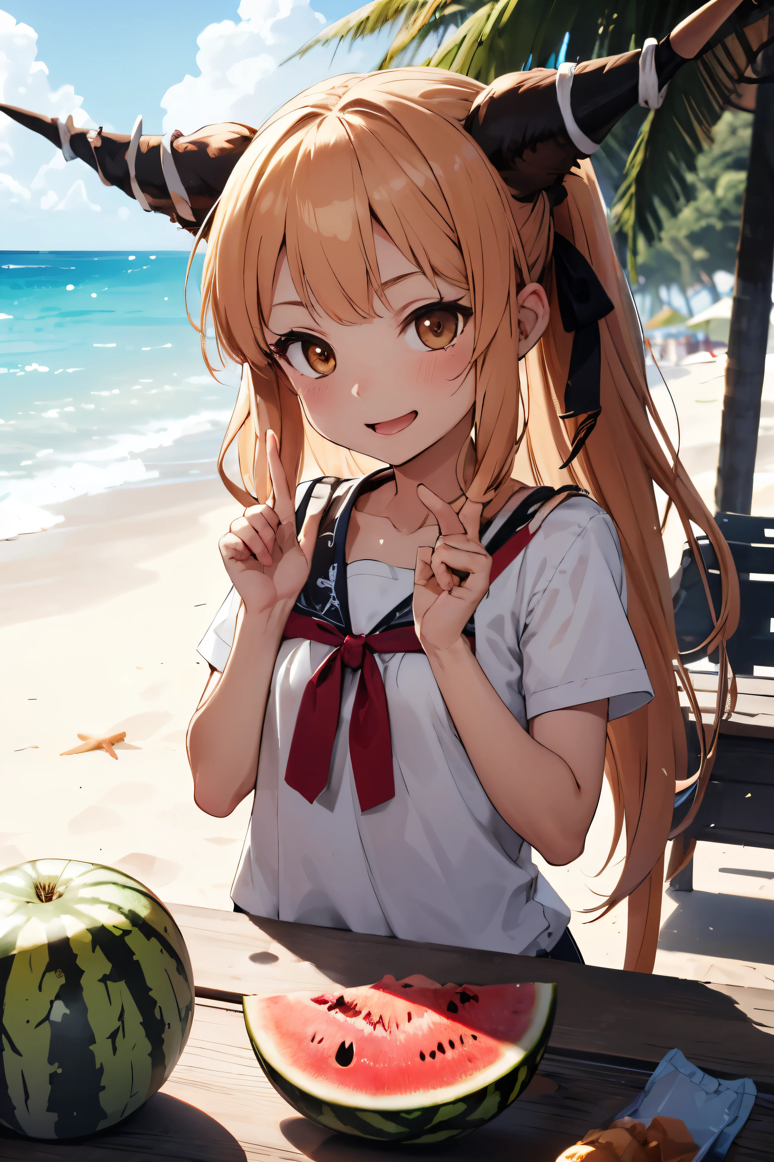 Ibuki suika. Stand. Smale. Near Watermelon. Beach. Nature. Sunlight. Hands up. Happy. Correct anatomy. Correct fingers. Hight quality