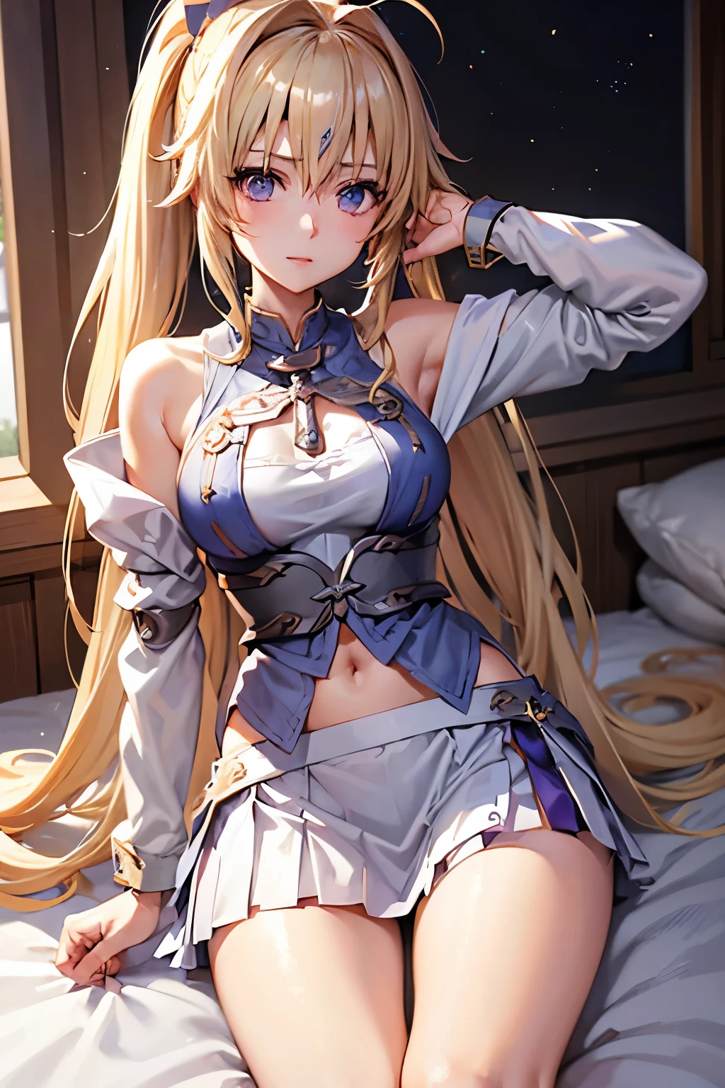 Jeanne、神風怪盗Jeanne、Blonde、Long Hair、((Miniskirt))、Photo from below、Medium chest、Bedroom、ponytail