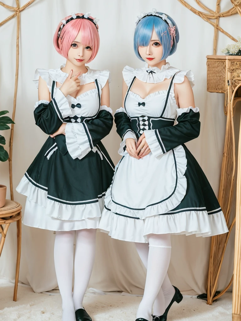 (8K, Photorealistic, Raw photo, of the highest quality: 1.3), (1girl in), Super beautiful, (Realistic face), (boyish, pink Color Berry Shorthair), Beautiful , Glare that captivates the viewer, Beautiful expression, Beautiful breasts, (Realistic skin), Be...Create a detailed and colorful image of Ram and Rem from Re:Zero, standing back-to-back in their maid outfits, with a magical fantasy background、14years old, two girls,cute, perfect face, beautiful, nice body, gothic lolita clothes, gothic lolita fashion, frilly skirt, headdress, necklace, bracelet, knee-high socks, boots, double eyelids, tear bags, Detailed down to the fingers, photo-like description, indoors, dim indoor lighting, one girl is pink hair and short bob, another girl is light blue hair and short bob,standing,whole body, composition that shows the whole body, smiling,The Both of them are wearing the same type of maid outfit,Optimal ratio of 4 fingers and 1 thumb