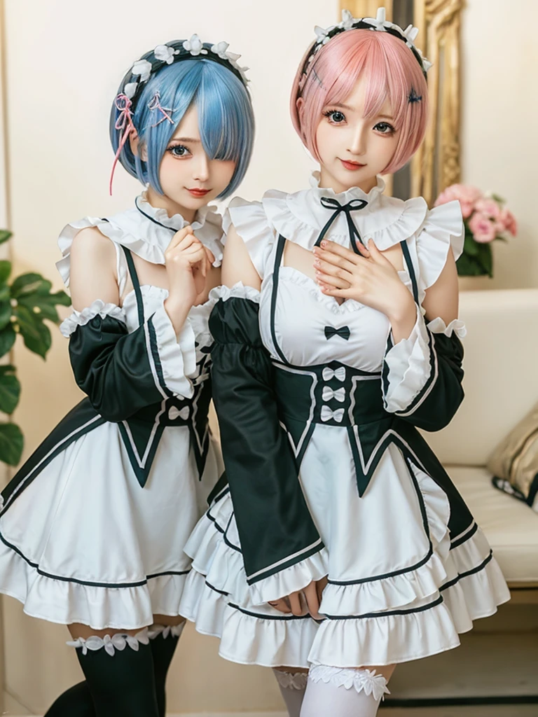 (8K, Photorealistic, Raw photo, of the highest quality: 1.3), (1girl in), Super beautiful, (Realistic face), (boyish, pink Color Berry Shorthair), Beautiful , Glare that captivates the viewer, Beautiful expression, Beautiful breasts, (Realistic skin), Be...Create a detailed and colorful image of Ram and Rem from Re:Zero, standing back-to-back in their maid outfits, with a magical fantasy background、14years old, two girls,cute, perfect face, beautiful, nice body, gothic ta clothes, gothic loliashion, frilly skirt, headdress, necklace, bracelet, knee-high socks, boots, double eyelids, tear bags, Detailed down to the fingers, photo-like description, indoors, dim indoor lighting, one girl is pink hair and short bob, another girl is light blue hair and short bob,standing,whole body, composition that shows the whole body, smiling,The Both of them are wearing the same type of maid outfit,Optimal ratio of 4 fingers and 1 thumb