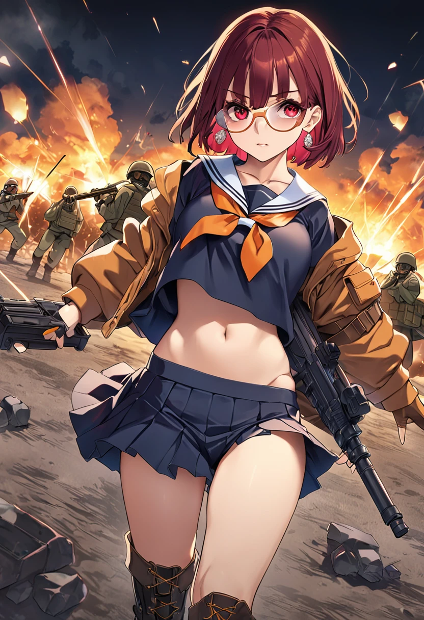 masterpiece、highest quality、Ultra-high resolution、Maximum resolution、Very detailed、Professional Lighting、anime、woman、thin、so beautiful、high school girl、Sailor suit、Has a submachine gun、Red Eye、Reddish brown hair、Short Hair、Earrings、Fingerless gloves、Tactical Boots、Equipped with transparent orange shooting glasses、Equipped with a chest rig、Standing alone on the battlefield