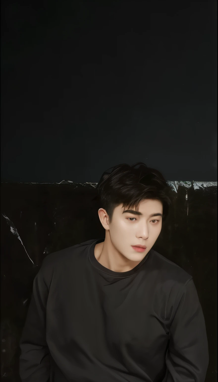 male in black shirt, silver neckclase , grey wall background, korean hairstyle, handsome boy\'s plump lips, round face shape, black hair, detailed textured, realistic