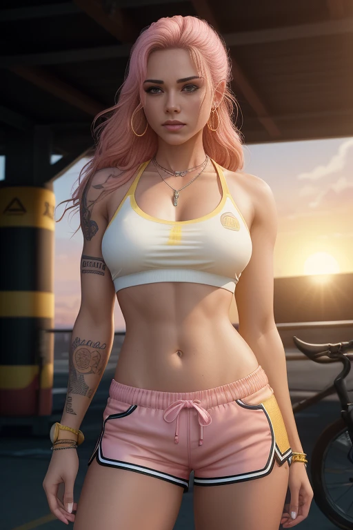 a woman in a white top and pink shorts is standing next to a bike with a yellow background and, by Quentin Tarantino, 1girl, bracelet, brown_hair, jewelry, letterboxed, lips, long_hair, makeup, medium_breasts, midriff, nail_polish, navel, necklace, nose, orange_sky, pink_shorts, realistic, shorts, solo, sun, sunset, tattoo,wristband, yellow_background, yellow_sky, beautiful detailed glow, detailed, Cinematic light, intricate detail, highres, detailed facial features, high detail, sharp focus, smooth, aesthetic, extremely detailed, stamp, octane render,