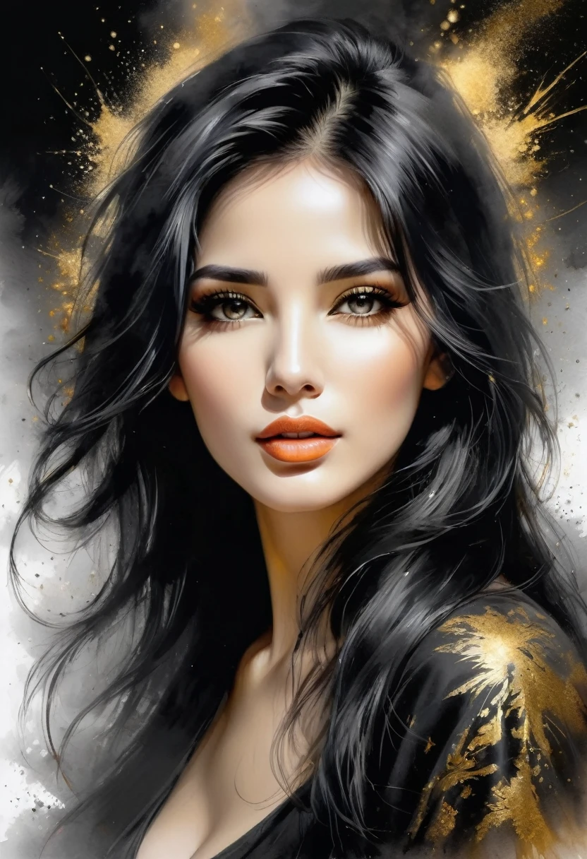 Gorgeous and hot Female face drawing with charcoal, long black hair, Pino Daeni style.
golden patterns, golden and black spirit, liquid gold explosion, golden smoke magic, star dust, golden milky way, black background, magic fog, alcohol ink,
