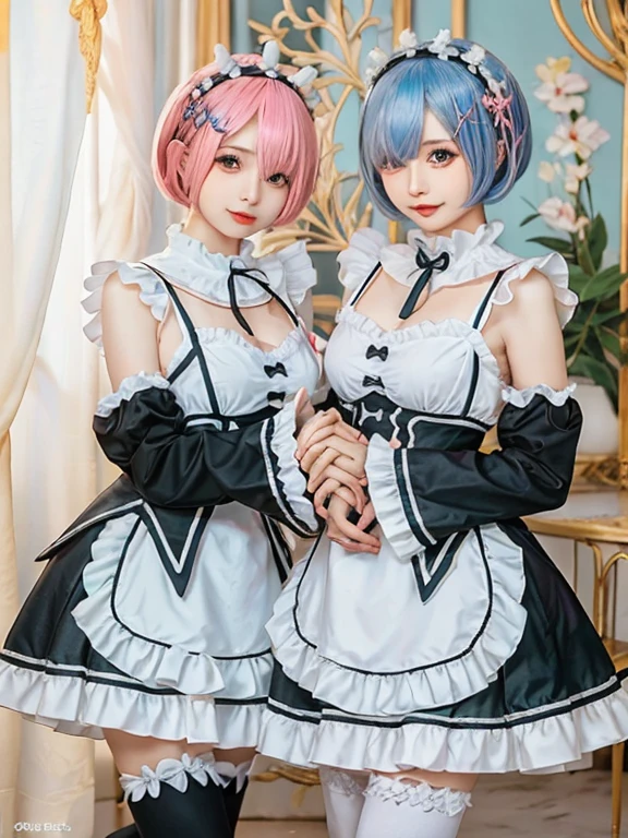 (8K, Photorealistic, Raw photo, of the highest quality: 1.3), (1girl in), Super beautiful, (Realistic face), (boyish, pink Color Berry Shorthair), Beautiful , Glare that captivates the viewer, Beautiful expression, Beautiful breasts, (Realistic skin), Be...Create a detailed and colorful image of Ram and Rem from Re:Zero, standing back-to-back in their maid outfits, with a magical fantasy background、14years old, two girls,cute, perfect face, beautiful, nice body, gothic ta clothes, gothic loliashion, frilly skirt, headdress, necklace, bracelet, knee-high socks, boots, double eyelids, tear bags, Detailed down to the fingers, photo-like description, indoors, dim indoor lighting, one girl is pink hair and short bob, another girl is light blue hair and short bob,standing,whole body, composition that shows the whole body, smiling,The Both of them are wearing the same type of maid outfit,Optimal ratio of 4 fingers and 1 thumb