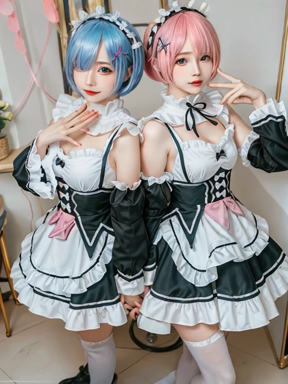 (8K, Photorealistic, Raw photo, of the highest quality: 1.3), (1girl in), Super beautiful, (Realistic face), (boyish, pink Color Berry Shorthair), Beautiful , Glare that captivates the viewer, Beautiful expression, Beautiful breasts, (Realistic skin), Be...Create a detailed and colorful image of Ram and Rem from Re:Zero, standing back-to-back in their maid outfits, with a magical fantasy background、14years old, two girls,cute, perfect face, beautiful, nice body, gothic lolita clothes, gothic lolita fashion, frilly skirt, headdress, necklace, bracelet, knee-high socks, boots, double eyelids, tear bags, Detailed down to the fingers, photo-like description, indoors, dim indoor lighting, one girl is pink hair and short bob, another girl is light blue hair and short bob,standing,whole body, composition that shows the whole body, smiling,The Both of them are wearing the same type of maid outfit,Optimal ratio of 4 fingers and 1 thumb