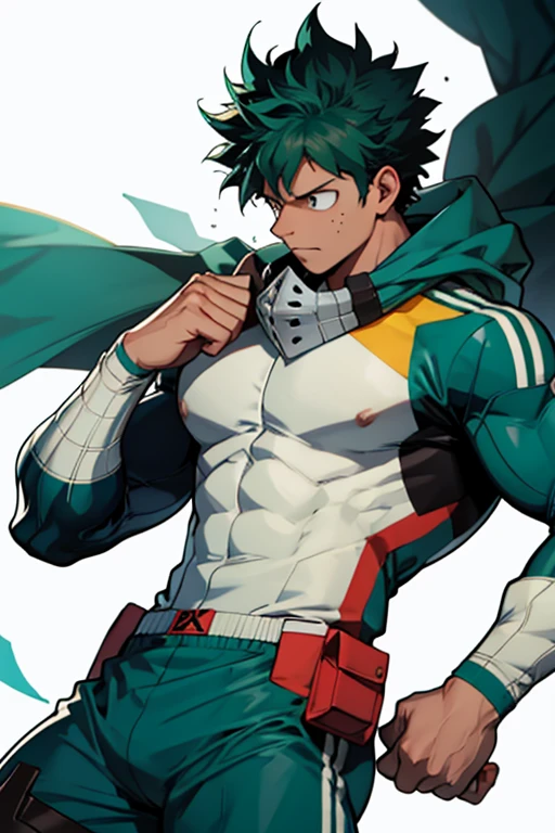 Un Izuku Midoriya con la musculatura de All Might , With toned and robust muscles, His strength and endurance would be unmatched.. His All Might-inspired suit would be a perfect combination of style and functionality., with the characteristic design in the shape of "Y" en el pecho y los colores verde, negro y blanco decorando su uniforme. The cape billowing behind him would add a touch of majesty to his appearance., making it look even more impressive