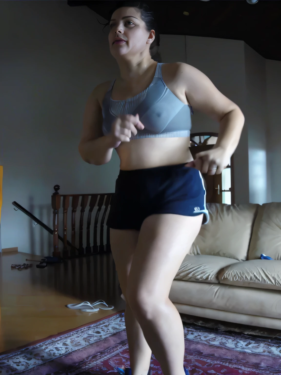 A beautiful light brunette woman, shapely, dark brown hair, (((dark brown hair))), woman in blue shorts, blue sneakers in front of a television, thighs!!!!!!, thighs!!!, of shorts, running towards the camera, running pose, running towards the camera, running fast towards the camera, in shorts, in good physical shape, working out, fit photo, sweating profusely, sweating, girl running, sweating profusely , visible legs, frontal photo, frontal long shot, frontal long shot, wearing a gray tank top (((gray top))), blue shorts, tight dark blue shorts (((dark blue shorts))), short blue shorts for training from the gym, well defined, tall, with a tanned body, toned body, athletic body, ((((legs)))); sexy pose, extremely sexy, very sensual, shapely legs, in front of a television watching a dance, fitness body, filmed from the front, She is about 36 years old, 1.62 tall, 60 kg, best quality, perfect face , perfect mouth, perfect hands, standing up (full body), her slightly plump and red lips look like a delicate flower. Slim body. Thin waist. Her body exudes glamor and her face is the definition of beauty. Highly realistic, reddish skin, beautiful and slightly plump lips, pink lipstick, feeling of lightness and joy, hyper-realism, very elaborate skin. Sharp photo, high quality, high resolution (ultra quality masterpiece), Ultra HD, high contrast, 16K. Masterpiece: 1.3, high resolution, (photographically realistic), 8k, NUDE, NUDITY, NFSW.