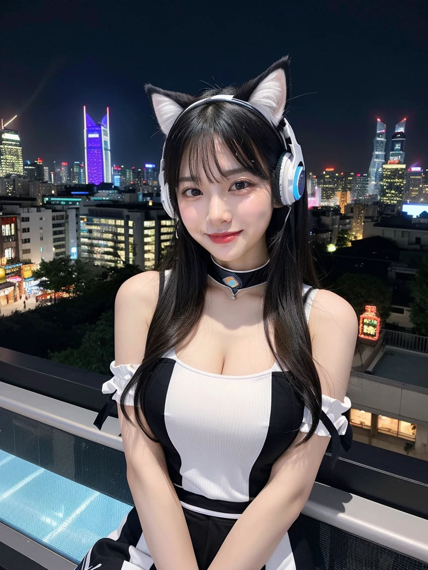 Full body photo、whole、最high quality, masterpiece, 32k、Very detailed、Realistic、1 girl, Japanese women、Cute face, (photo Actual:1.3), Edge lighting, (Skin with attention to detail:1.2), 8k超High resolution, Single-lens reflex camera, high quality, High resolution, 4K, 8k, Optimal ratio of four fingers to one thumb, (Actual:1.3), smile、自然なsmile、Race Queen Costumes(black、Light blue line design、モーターショーのRace Queen Costumes)、Cat ear headphones(ピンク色のネオンCat ear headphones)、cute 1 girl, Realistic、Super Realistic、32k、Very detailed、masterpiece, 最high quality, beautiful girl, beauty、 Mecha, Beautiful lighting, Sitting,Cyber Neon、Future City、Skyscraper、City Night、Shanghai、Big cities、Night view、綺麗なNight view