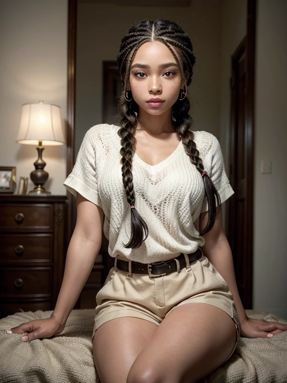 A beautiful woman in sexy shorts with hair braided in a complex and elegant style is depicted in a stunning scene. Your braided hair displays a variety of patterns and textures, demonstrating skill and art in creating the hairstyle.
The woman in shorts is portrayed with a confident and proud posture, destacando sua beleza e autenticidade. Your facial features are distinct and expressive, reflecting your individuality and inner strength.
The scene is softly lit, highlighting the details of the braided hair and the beauty of the woman. Your presence is captivating, conveying a sense of grace and determination.
This depiction of a black woman with braided hair is a celebration of black culture and beauty., capturing the elegance and playfulness of a traditionally significant hairstyle.