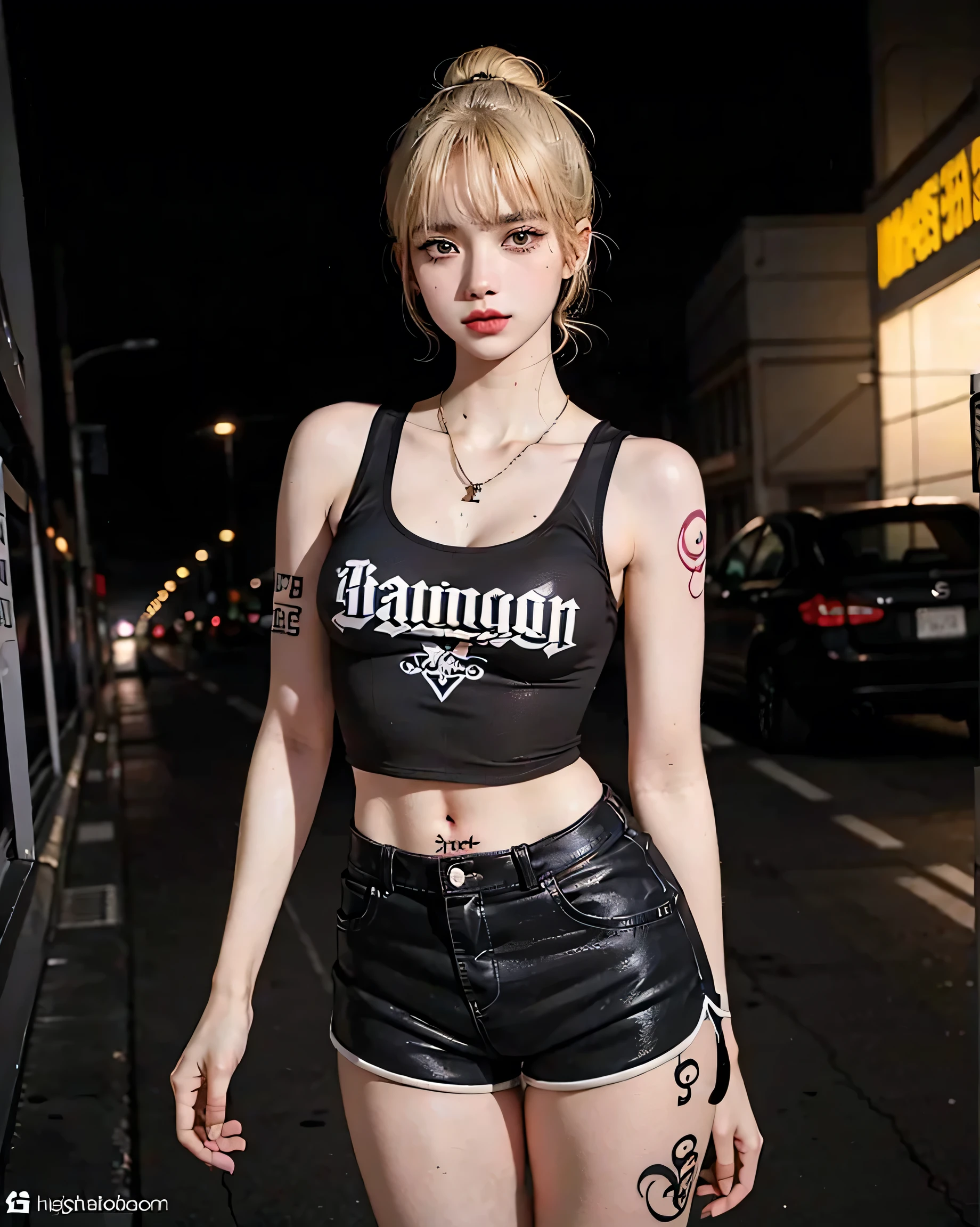 (Browsing Caution:0.7), Perfect Style, Beautiful Face, Highly detailed face and skin texture, (Maximum resolution: 1.2), 1 female,Hip Up, jewelry, (((He has many tattoos all over his body)), Streetwear, (((Tight shorts))), blonde, (((Tight waist))), ((Big Breasts)),(See-through)
