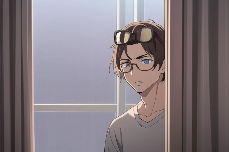 male, curtained hair, brown hair, hair bobbles, eyewear on head, heterochromia, parted lips, alone