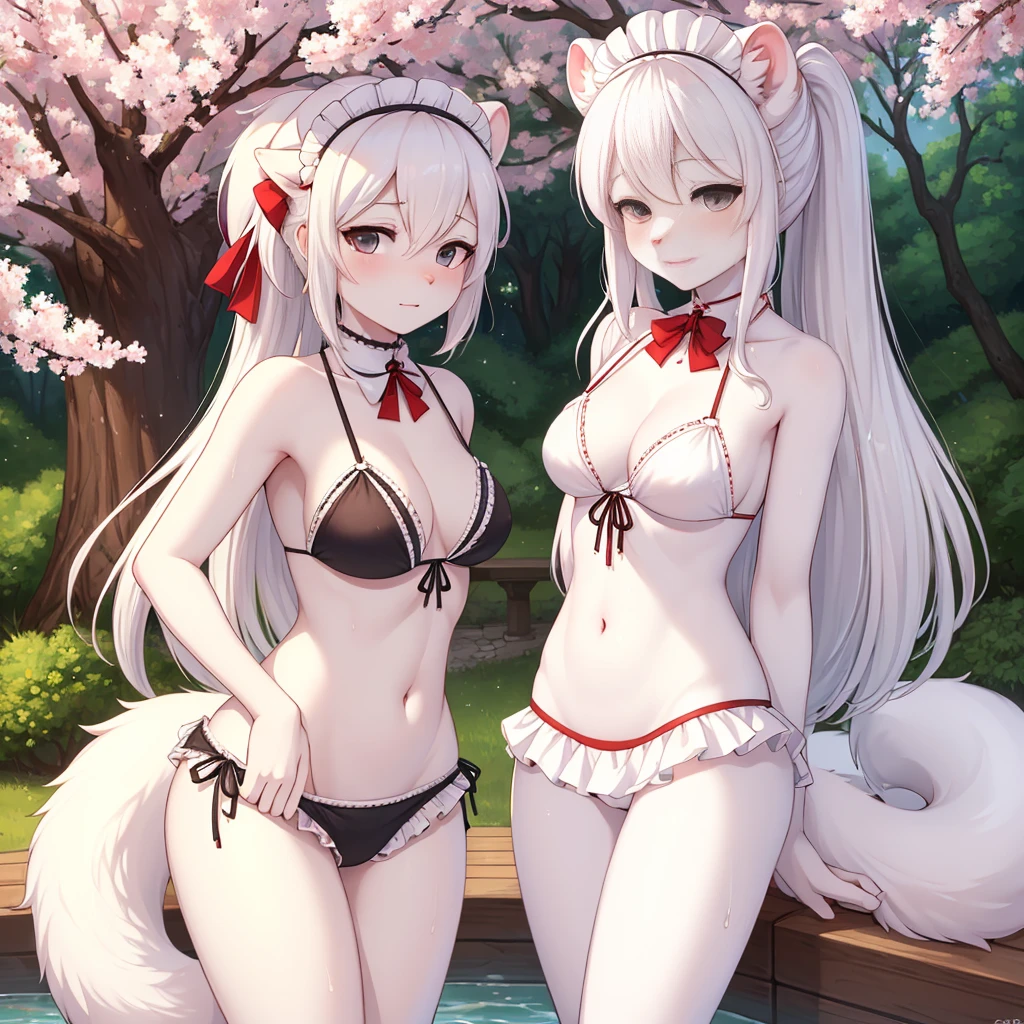 ((best quality, Masterpiece, perfect anatomy, Detailed pictures)), furry, 1 woman, arctic ferret, sexy, long white hair, ponytail, gray eyes, Shit shy, ferret tail, Maid bikini set, red red, shy, in the cherry tree, wet, Chest 82, Waist 56, Thigh 83