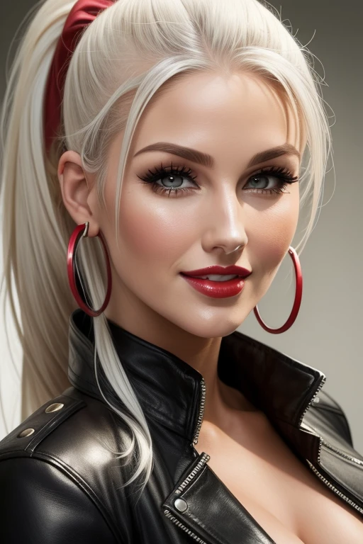 lucy pinder, face portrait, smiling, ponytail, platinum hair, hoop earrings, black leather jacket, red lipstick.