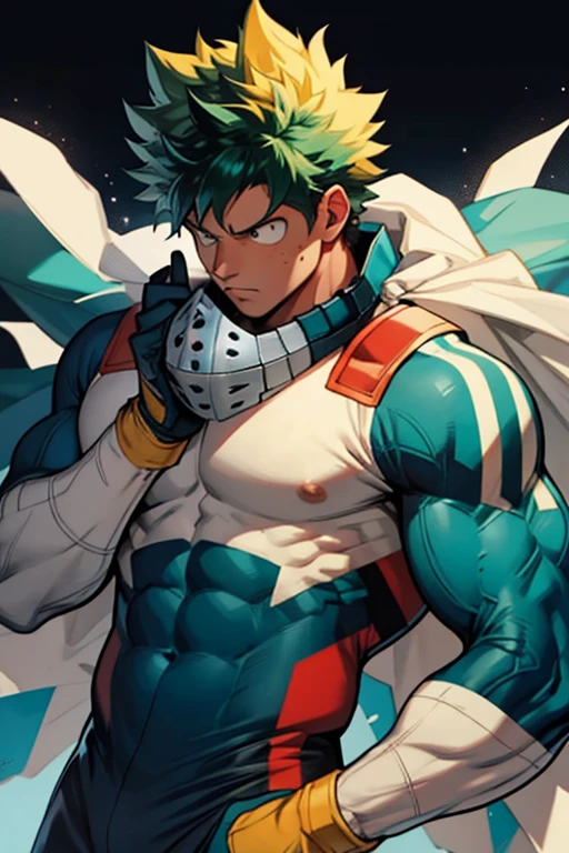 Un Izuku Midoriya con la musculatura de All Might , With toned and robust muscles, His strength and endurance would be unmatched.. His All Might-inspired suit would be a perfect combination of style and functionality., with the characteristic design in the shape of "Y" en el pecho y los colores verde, negro y blanco decorando su uniforme. The cape billowing behind him would add a touch of majesty to his appearance., making it look even more impressive