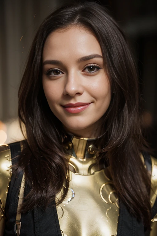 a woman, 25ear old, long brunette hairs, 8K, UHD, flash lighting, professional lighting, textured skin, romantic smile, star war cosplay, C3PO cosplay, lingery