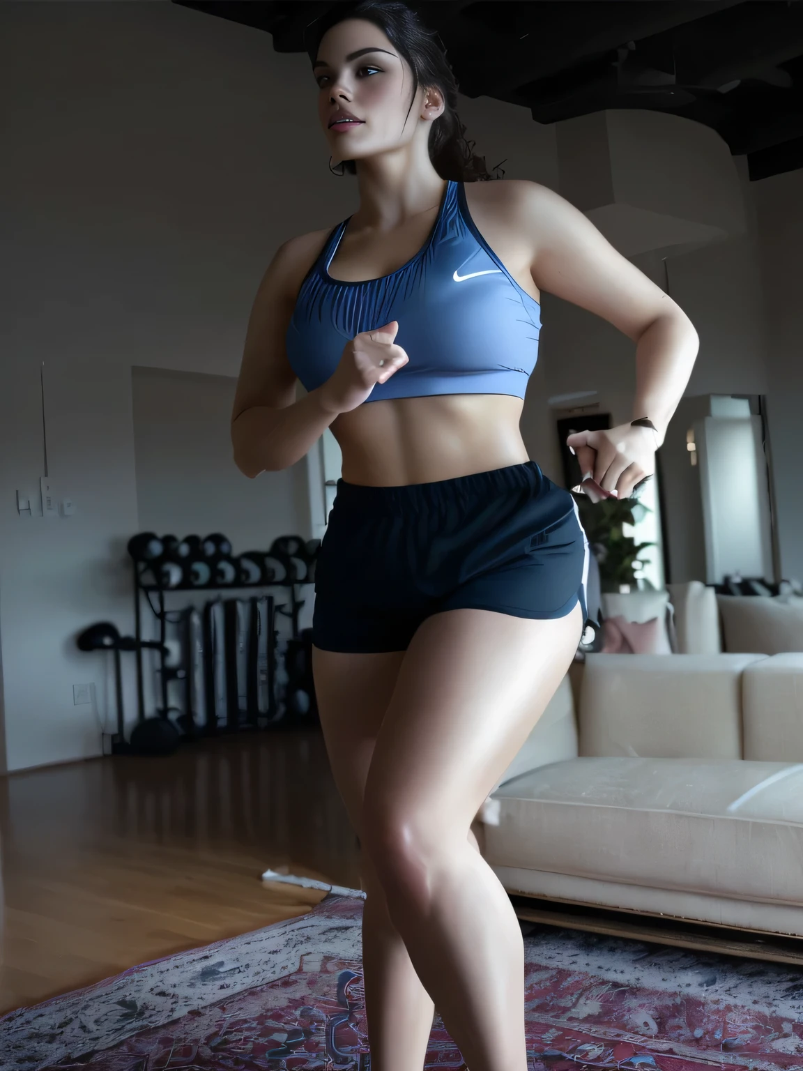 A beautiful light brunette woman, shapely, dark brown hair, (((dark brown hair))), woman in blue shorts, blue sneakers in front of a television, thighs!!!!!!, thighs!!!, of shorts, running towards the camera, running pose, running towards the camera, running fast towards the camera, in shorts, in good physical shape, working out, fit photo, sweating profusely, sweating, girl running, sweating profusely , visible legs, frontal photo, frontal long shot, frontal long shot, wearing a gray tank top (((gray top))), blue shorts, tight dark blue shorts (((dark blue shorts))), short blue shorts for training from the gym, well defined, tall, with a tanned body, toned body, athletic body, ((((legs)))); sexy pose, extremely sexy, very sensual, shapely legs, in front of a television watching a dance, fitness body, filmed from the front, She is about 36 years old, 1.62 tall, 60 kg, best quality, perfect face , perfect mouth, perfect hands, standing up (full body), her slightly plump and red lips look like a delicate flower. Slim body. Thin waist. Her body exudes glamor and her face is the definition of beauty. Highly realistic, reddish skin, beautiful and slightly plump lips, pink lipstick, feeling of lightness and joy, hyper-realism, very elaborate skin. Sharp photo, high quality, high resolution (ultra quality masterpiece), Ultra HD, high contrast, 16K. Masterpiece: 1.3, high resolution, (photographically realistic), 8k, NUDE, NUDITY, NFSW.