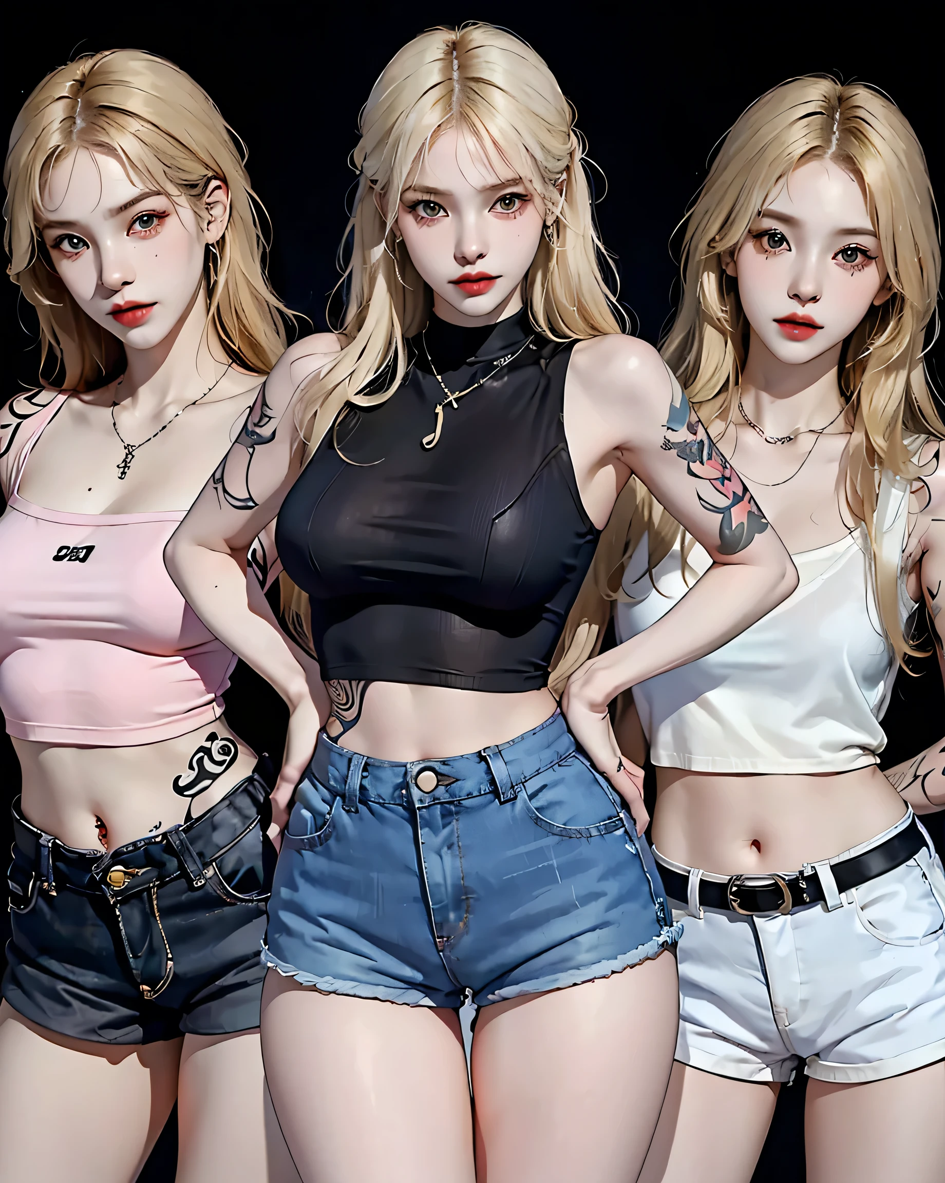 (Browsing Caution:0.7), Perfect Style, Beautiful Face, Highly detailed face and skin texture, (Maximum resolution: 1.2), 1 female,Hip Up, jewelry, (((He has many tattoos all over his body)), Streetwear, (((Tight shorts))), blonde, (((Tight waist))), ((Big Breasts)),(See-through)