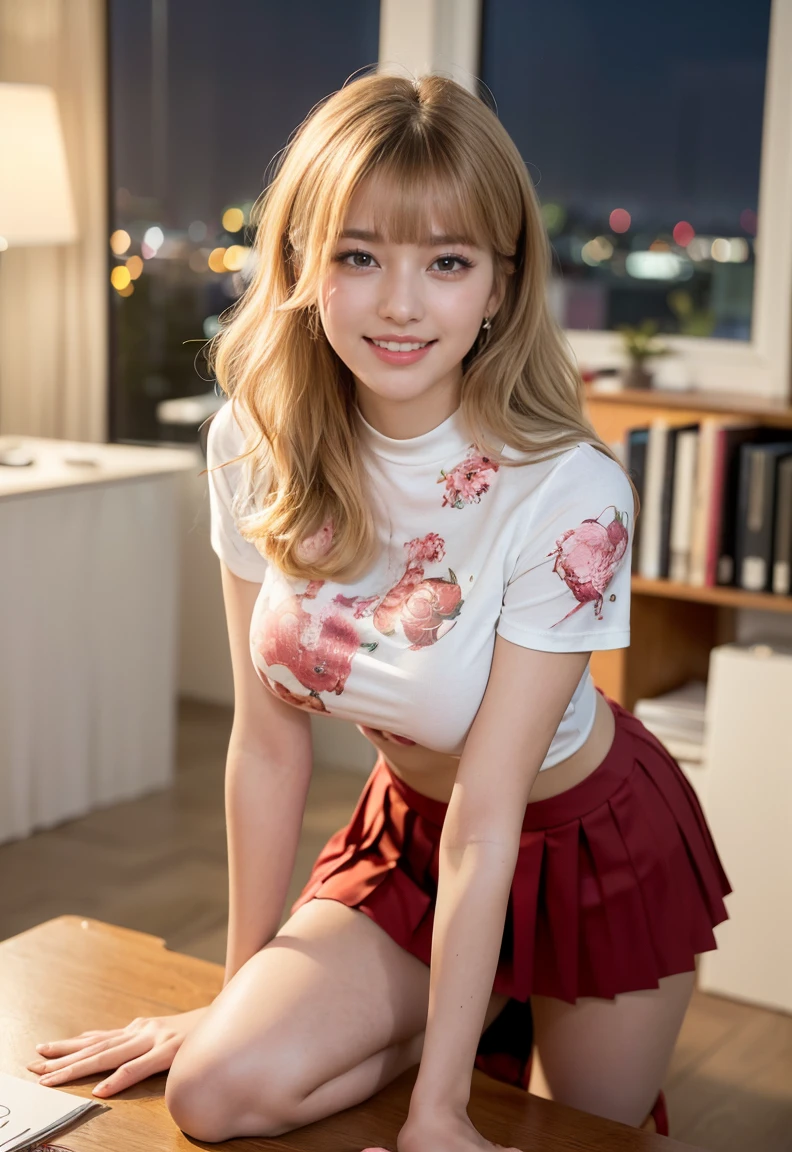 (((neat woman,Bright-eyed excitement,kind big smile,blush,blush,red cheek,please touch me,tempting viewer,i want you))),(((from below,looking down,all fours on the huge desk))),((((blush,red cheek)))),(cinematic lighting), (Photo real:1.4)、(A hyper-realistic:1.4)、(Photorealistic:1.3)、 (gentle lighting: 1.05)、(Improve the lighting quality of your video:0.9)、 32k、25years old woman、photorealistic lighting、Back lighting、Facial Lights、Ray Trace、(bright:1.2)、(Increase quality:1.4)、 (best quality real texture skin)、Fair eyes,delicate face、 Close-up of the face, ((Wearing the printed high-neck t-shirt,(no printed pleated skirt),high-heel),(Bodyline mood improvement:1.1)、Glossy skin、Korean Idol、Nogizaka Idol、good figure,perfect anatomy,Beautiful actress,(((beautiful large breasts,underboob,slender waist,slender hip,long slender legs,8heads tall))),(((8heads tall))),(((blonde wavy hair,curtain bangs))),(((in the beautiful modern office of library,super clean night view,in the night))),
