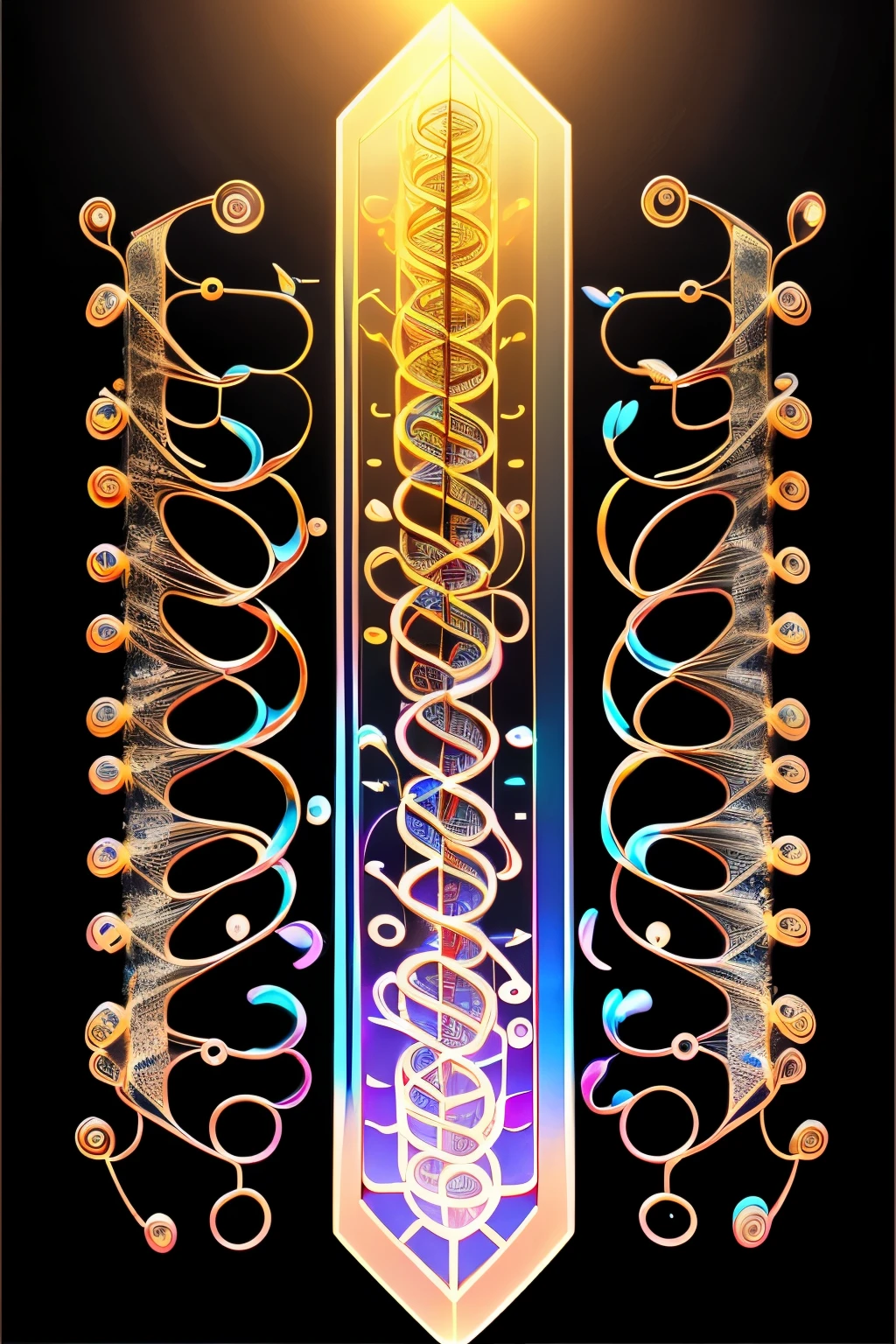 best quality, super fine, 16k, incredibly absurdres, extremely detailed, delicate and dynamic, transparent and translucent anatomical diagram of the root of all things, atoms, molecules, genes, spirals, brilliant iridescent light, background black