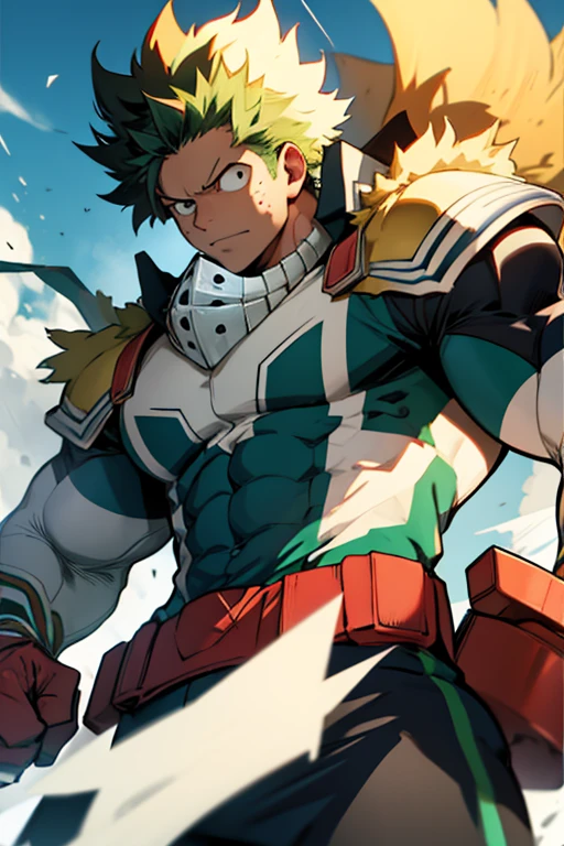 Un Izuku Midoriya con la musculatura de All Might , With toned and robust muscles, His strength and endurance would be unmatched.. His All Might-inspired suit would be a perfect combination of style and functionality., with the characteristic design in the shape of "Y" en el pecho y los colores verde, negro y blanco decorando su uniforme. The cape billowing behind him would add a touch of majesty to his appearance., making it look even more impressive