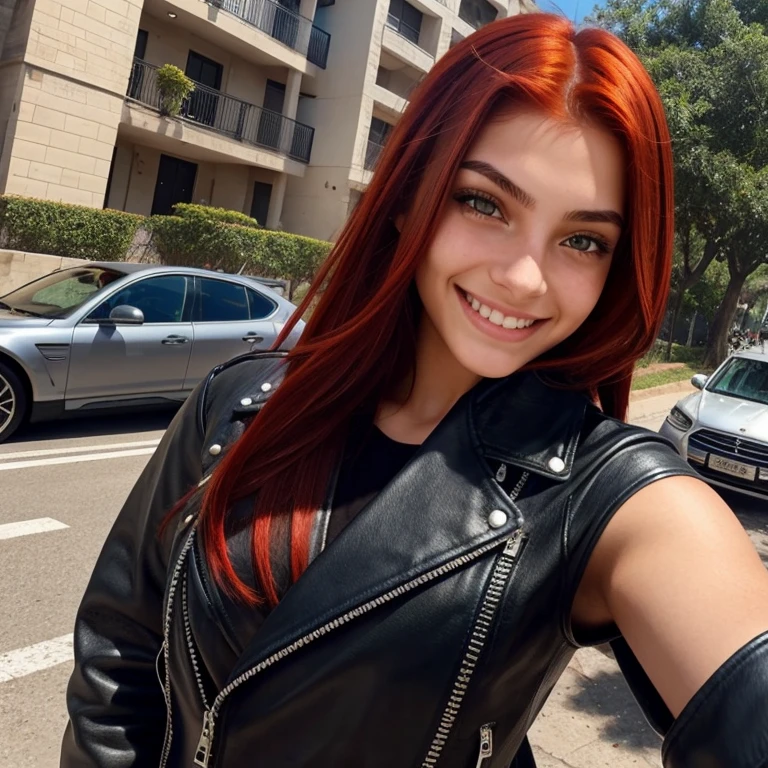 girl, beautiful, ager, red hair, red eyes, biker clothes, Isis Valverde's face, selfie smiling