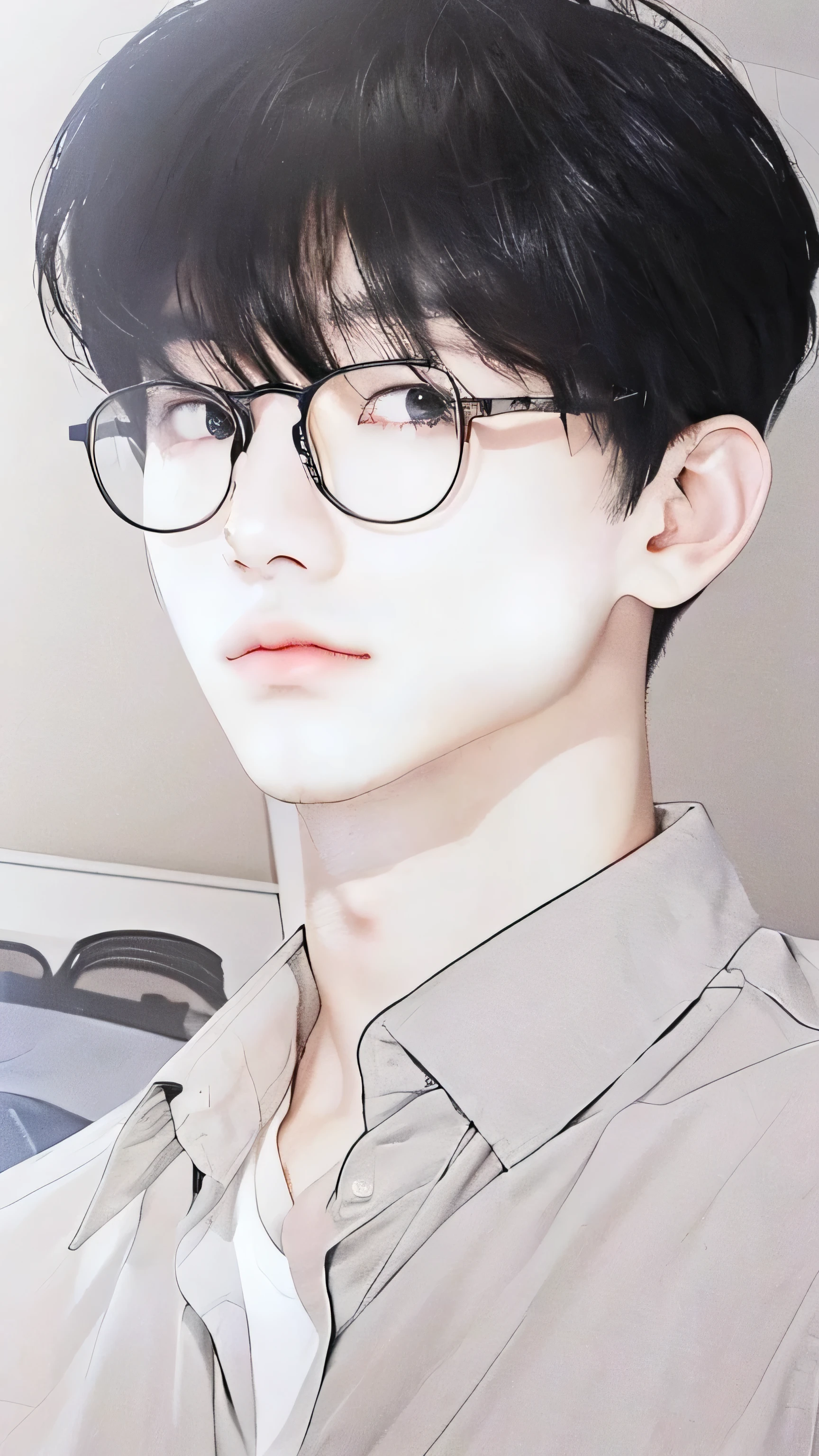 Anime guys, black hair,black eyes, have a glasses,wearing a white shirt,with thin face,look like a Asian boy