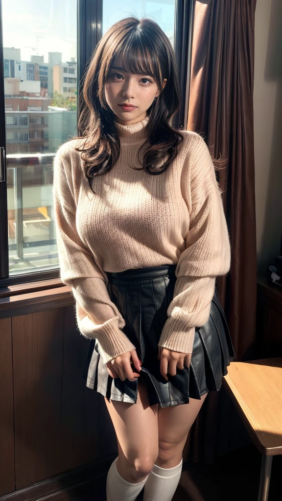 muste piece, best quality, illustration, Super detailed, fine details, High resolution, 8K,wall paper, perfect dynamic composition,(Details High quality, realistic depiction of eyes:1.3), short hair, (wavy hair:1.2), Tight turtleneck pink sweater, pleated skirt, huge breasts,  black hair color, Big Natural Color Lip, bold sexy pose, crying a little、cold gaze, Harajuku style、20 year old girl、cute type、lolita、beautiful legs, hotel room, full body photo、focus on crotch, hposing Gravure Idol, Sexy shot looking at camera, Sunset, by the window, Summer, knee sox, make up, Curve