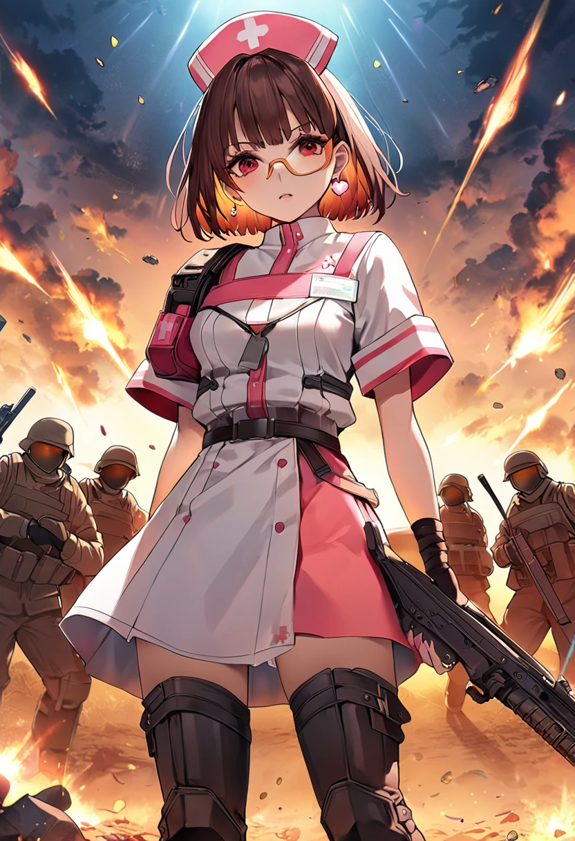 masterpiece、highest quality、Ultra-high resolution、Maximum resolution、Very detailed、Professional Lighting、anime、Adult female、thin、so beautiful、、Nurse uniform、Has a submachine gun、Red Eye、Reddish brown hair、Short Hair、Earrings、Fingerless gloves、Tactical Boots、Equipped with transparent orange shooting glasses、Equipped with a chest rig、Standing alone on the battlefield